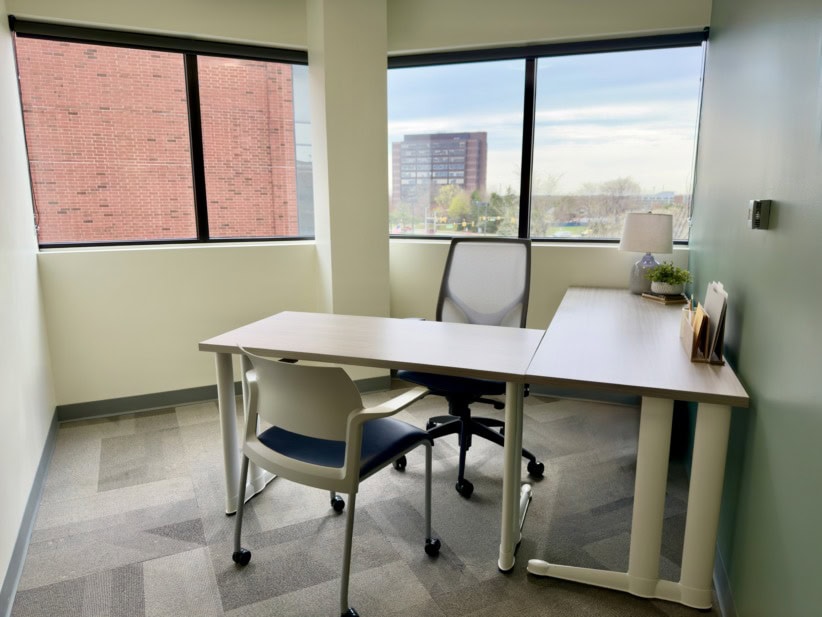 Comfortable modern office workspace with large windows and city view, ideal for remote work and meet.