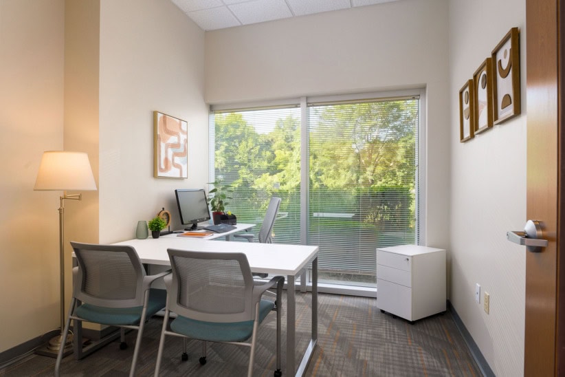 Modern office space with a desk, chairs, and large window with greenery view.