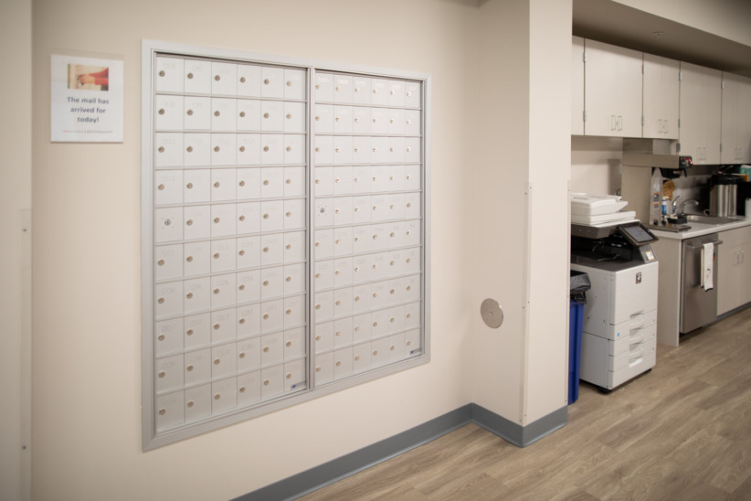 Lockers and mailboxes at Office Evolution coworking space.