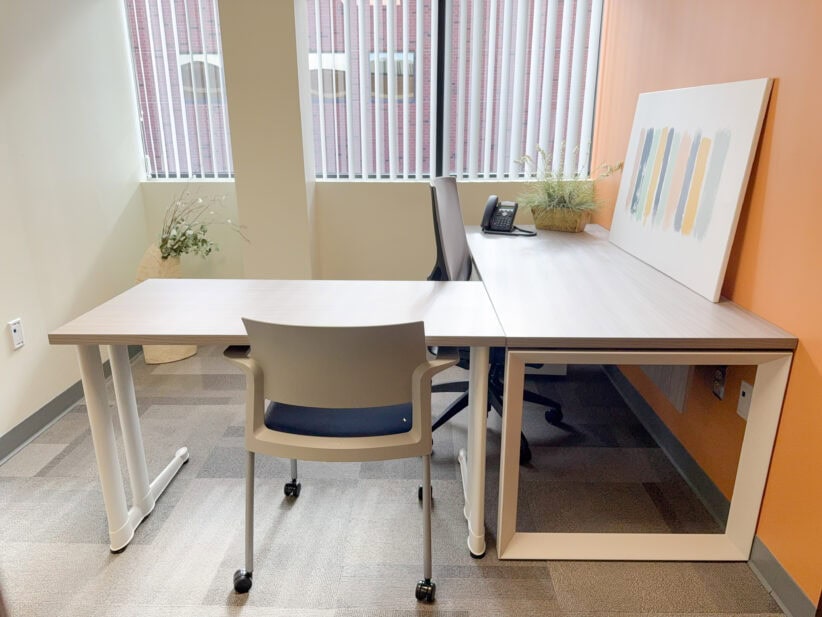 Modern ergonomic office workspace at Office Evolution with natural light and contemporary decor.