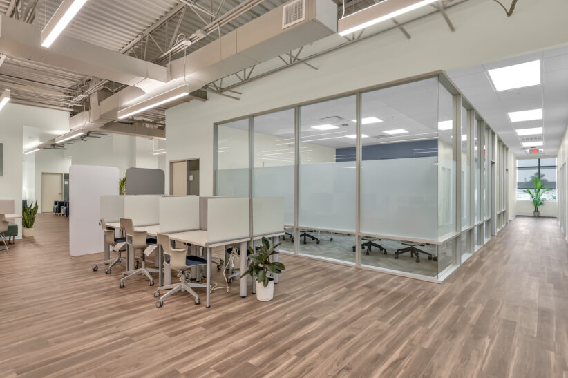 Modern office coworking space with private glass-enclosed meeting rooms and shared workstations, ideal for remote work and team collaboration.