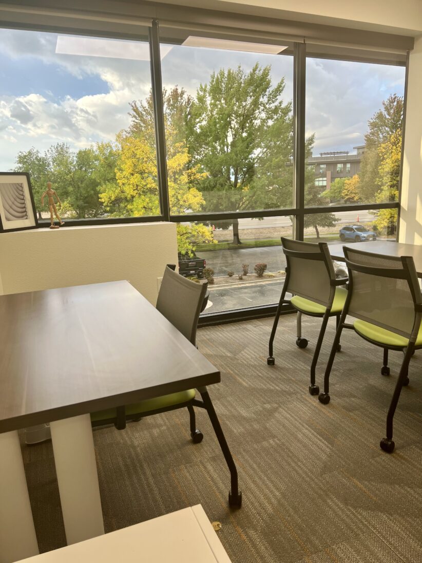 Modern office space with large windows and coworking desks at Office Evolution.