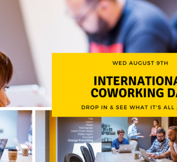 Graphic with people working in a coworking space. A yellow banner saying international coworking is overlaid