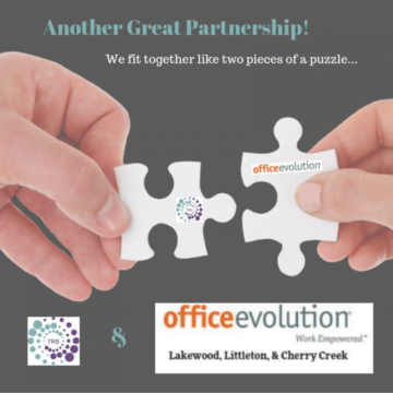 two puzzle pieces connection together. One with an office evolution logo and one with a virtual assistant logo