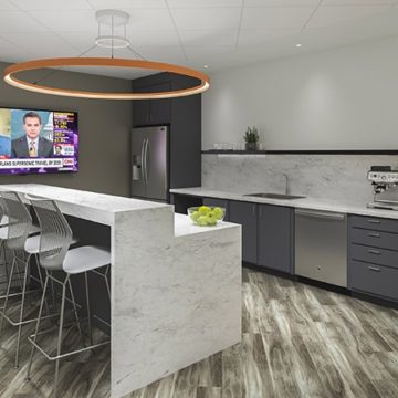 Break room with a marble island