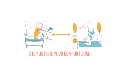 Graphic of a women reading a book then an arrow to her doing yoga with text on the bottom saying "step outside your comfort zone"