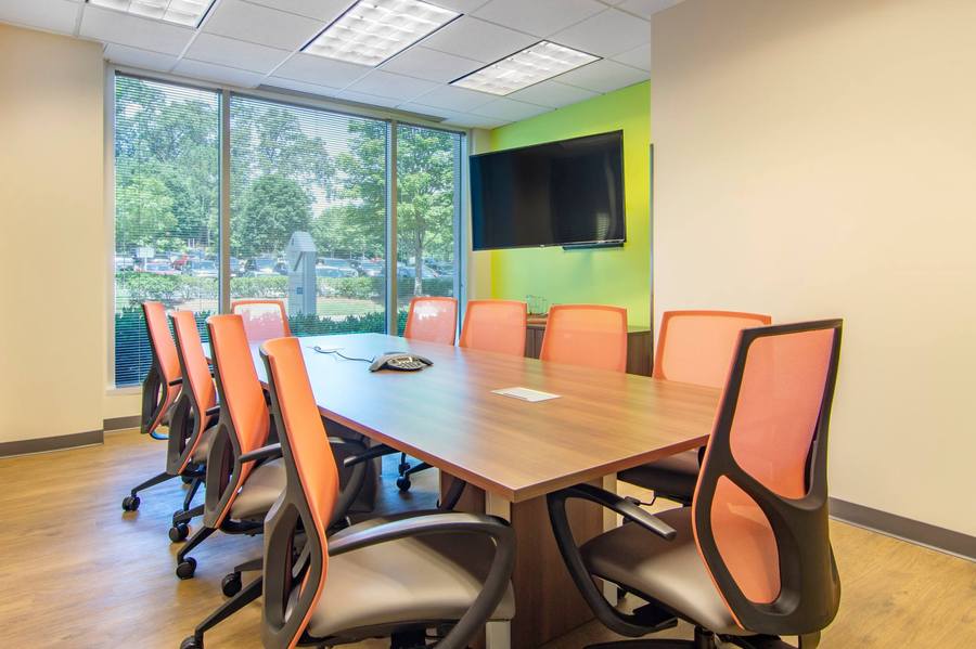 Conference room with large table.