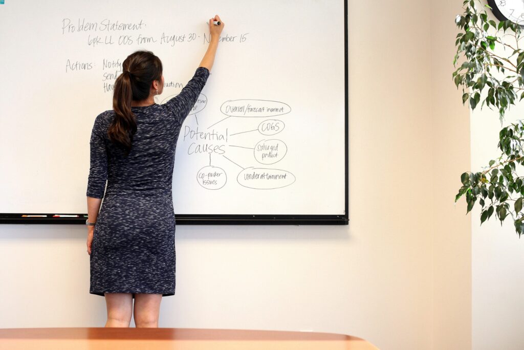 Get the most out of your shared coworking space by using conference rooms and other amenities. Image of a woman working at a whiteboard.