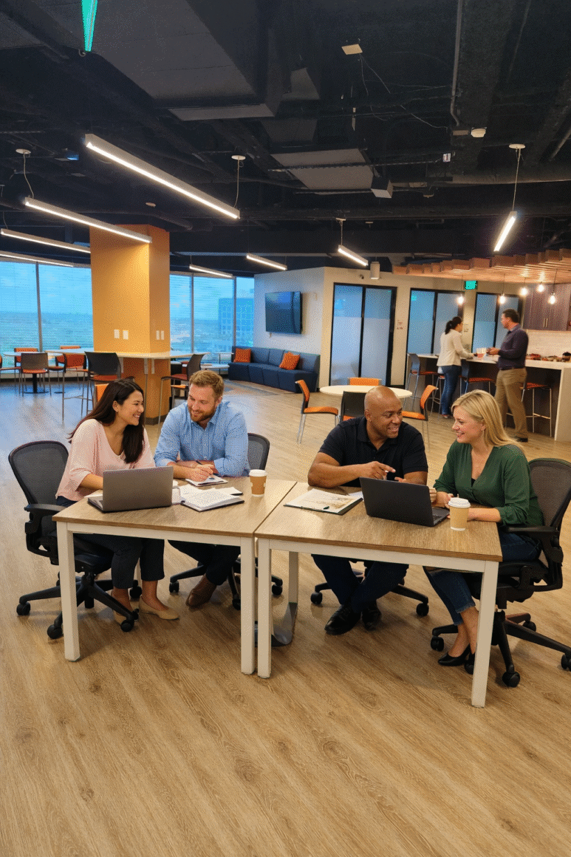 A team working together within the coworking lounge at Office Evolution Clearwater.