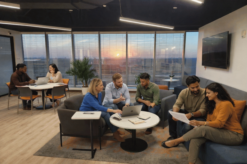 A group of people working together in the Office Evolution Clearwater business lounge.