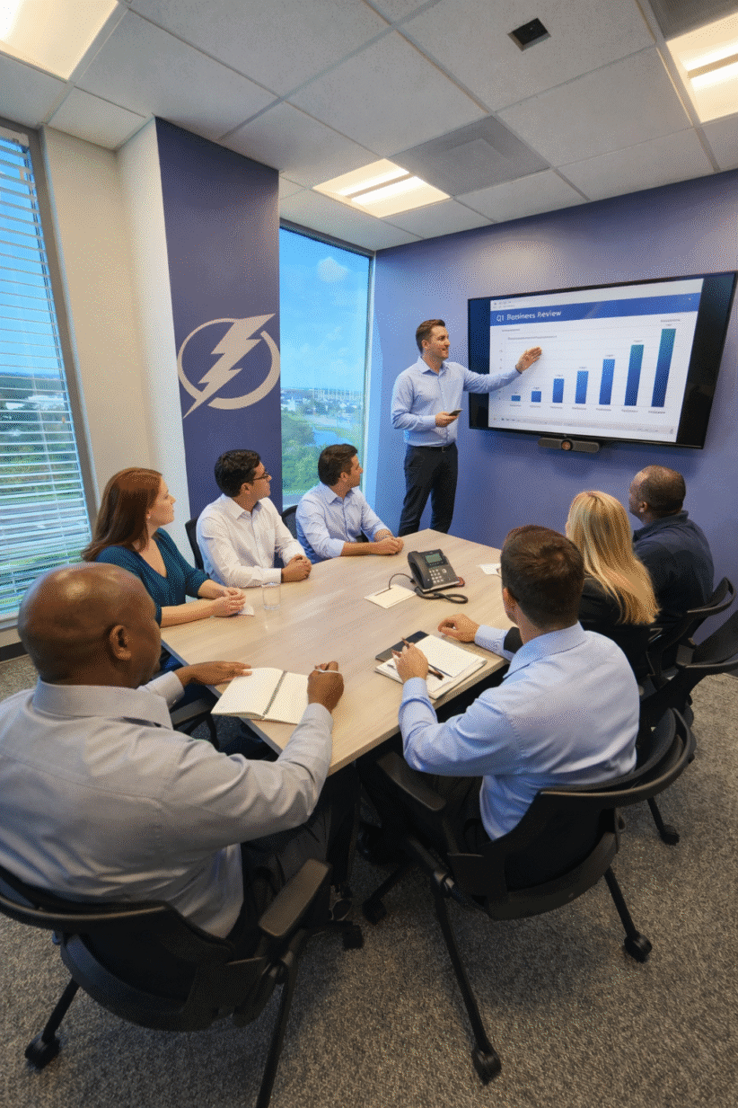 A team going over performance in Office Evolution Clearwater meeting spaces.