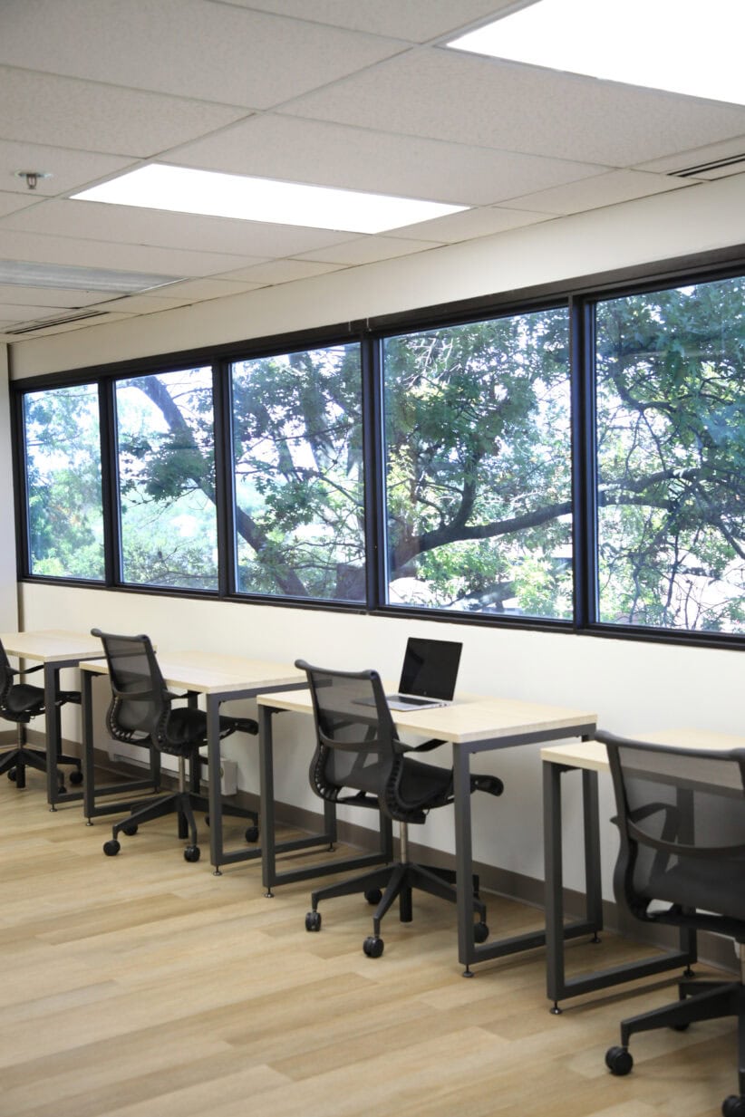 Bright modern office with large windows overlooking greenery, equipped with ergonomic chairs and desks.
