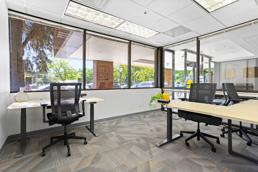 Modern office workspace with large windows, ergonomic chairs, and contemporary desks for productive work environments.