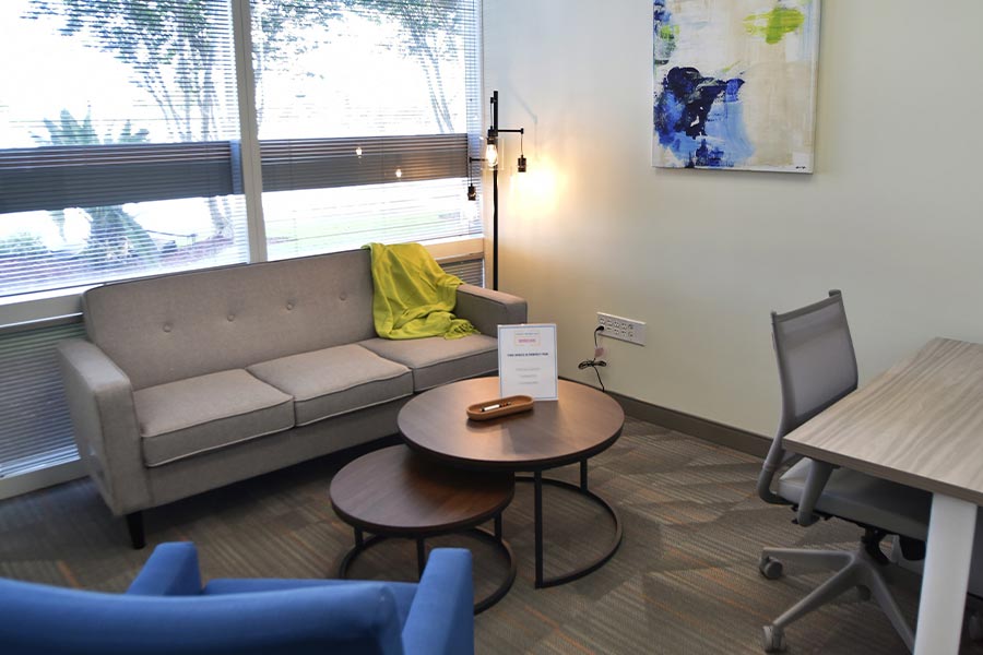 Comfortable office lounge with modern decor, sofa, and workspace setup at Office Evolution.