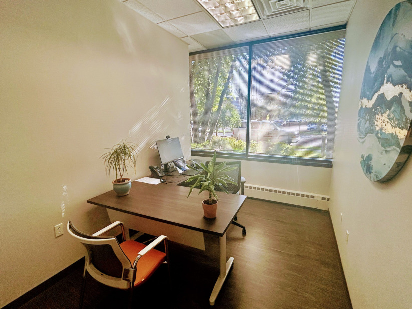 Modern private office with desk, plants, and large window in coworking space.
