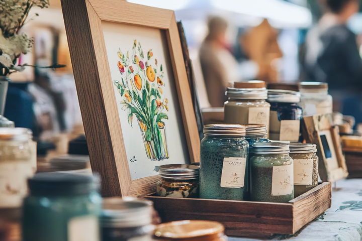 Colorful flower artwork displayed on a table at Office Evolution coworking space and networking event.
