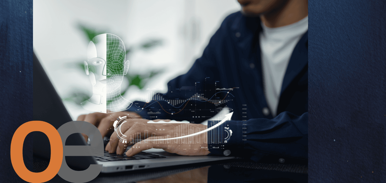 Business owner using AI technology for outsourcing in a modern office setting.
