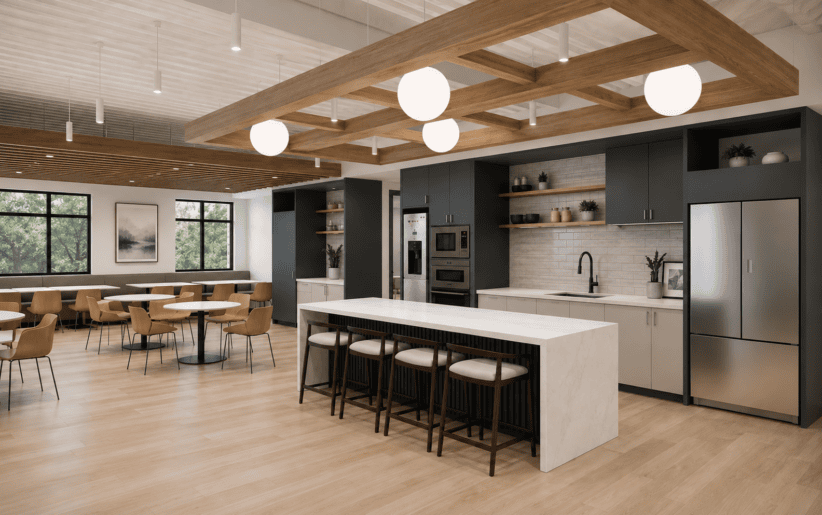 Modern office kitchen and lounge area with stylish cabinetry and seating for collaborative work and.