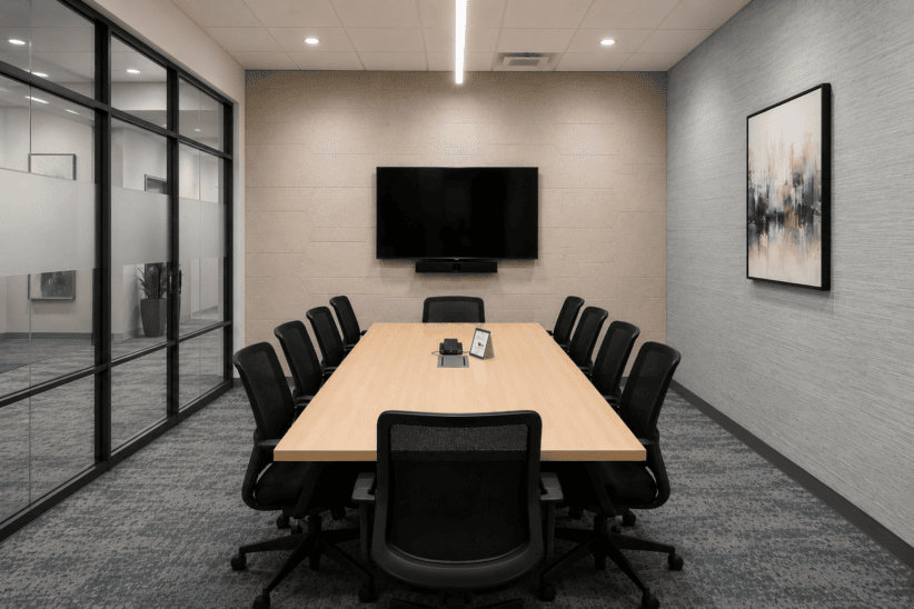Office meeting room with modern furniture and large TV screen at Office Evolution.