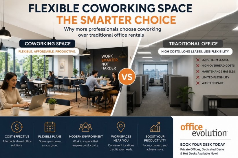 Flexible coworking space at Office Evolution with modern amenities and professional environment.
