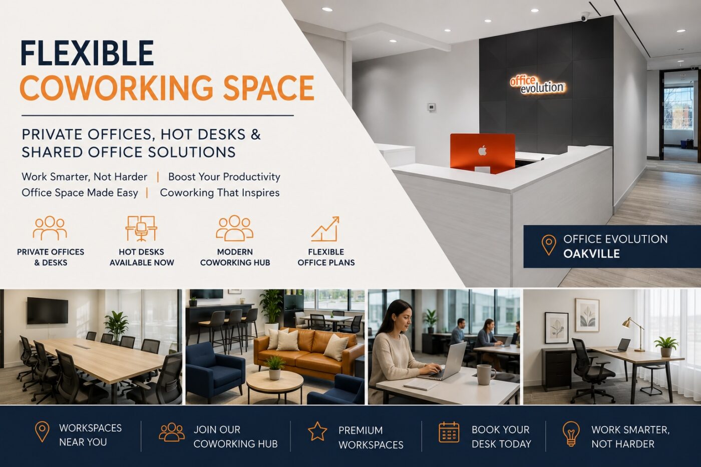 Modern coworking space with private offices, hot desks, and shared work areas at Office Evolution.