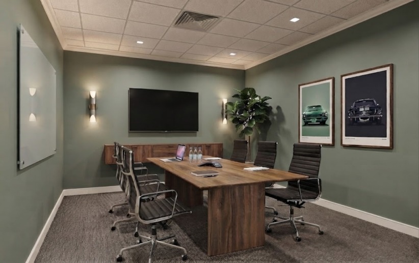 Six-person conference room with sage green walls, walnut table, black leather chairs, mounted TV, glass whiteboard, and framed car prints.