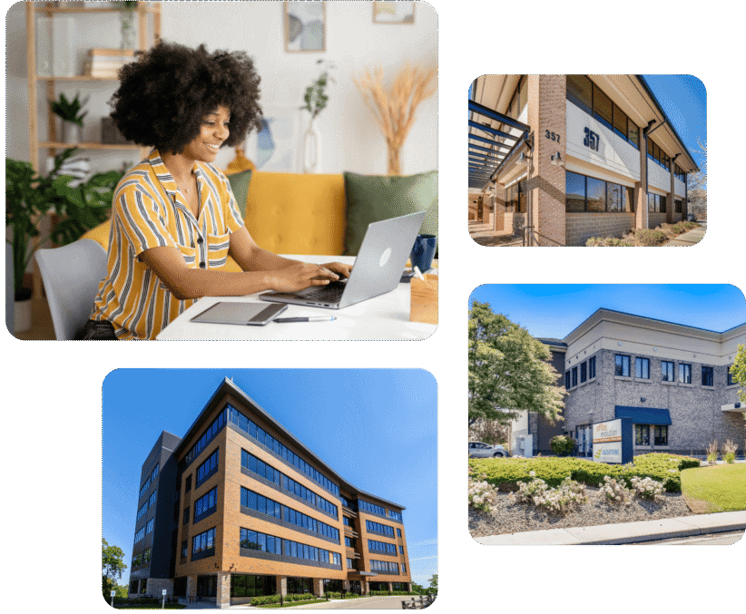Modern office buildings and a woman working on a laptop at home.