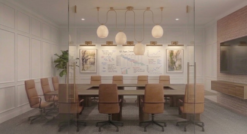 Glass-walled conference room with white paneled walls, long wood table, twelve cognac leather chairs, globe pendant lights, and a whiteboard wall.
