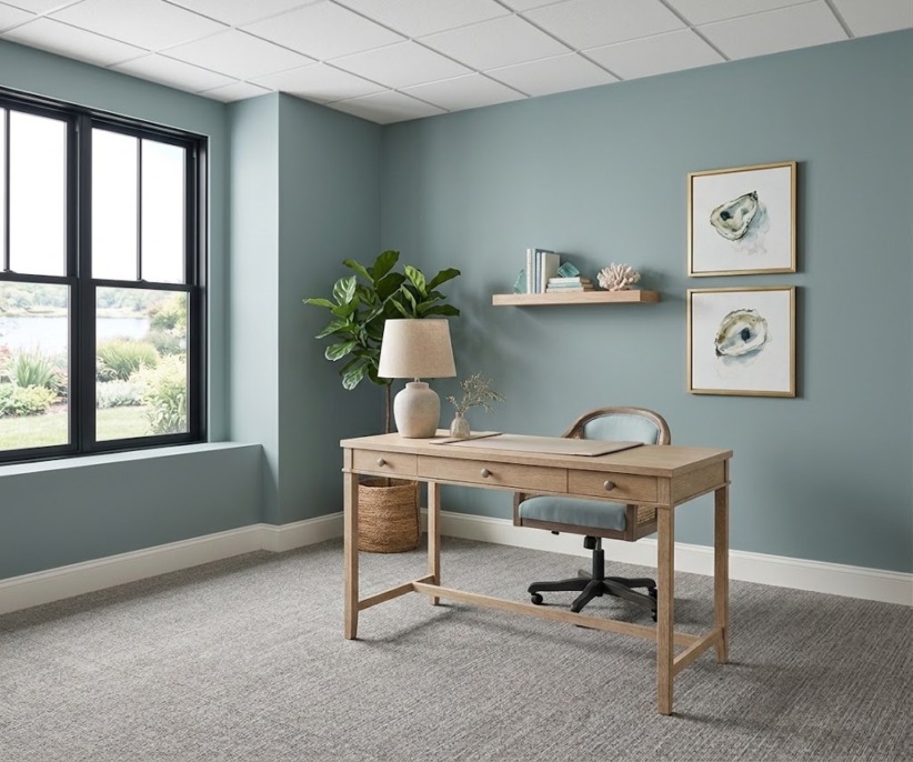Private office with blue-gray walls, light oak desk, upholstered chair, floating shelf, oyster-shell artwork, and a large window overlooking water.