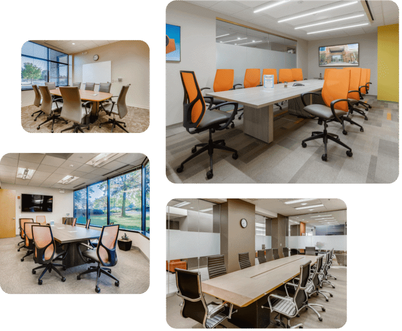 Modern conference rooms with ergonomic chairs and large windows for natural light.