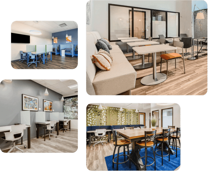 Modern coworking spaces with comfortable seating and work areas.