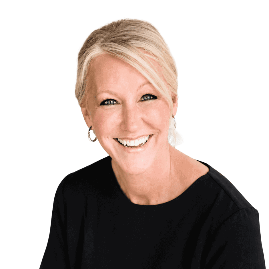 Smiling woman with short blonde hair in a black top for Office Evolution.