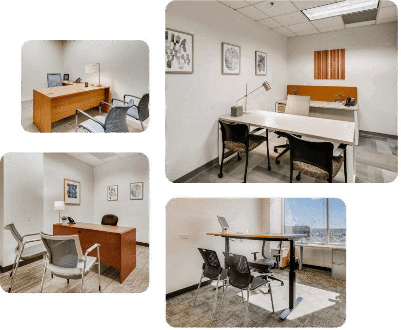 Modern office spaces with desks, chairs, and decor for day offices.