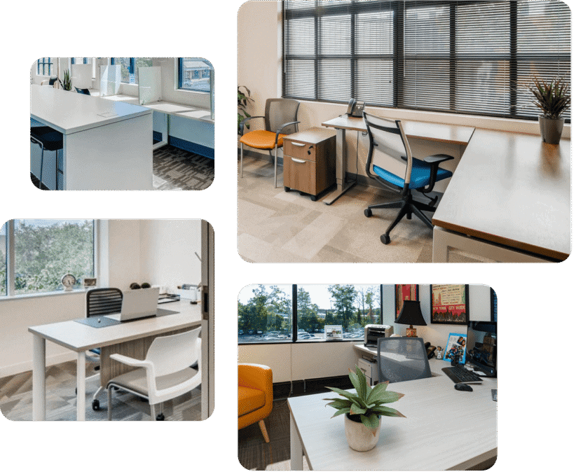 Modern dedicated office spaces with large windows and ergonomic furniture.