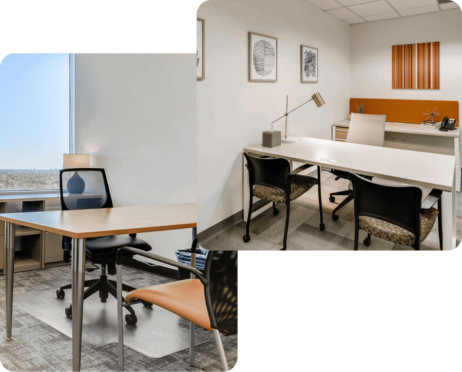 Modern dedicated office space with desks, chairs, and decor for productivity.