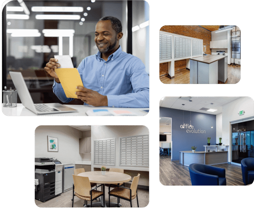 Office Evolution coworking space with mail services and modern office setup.