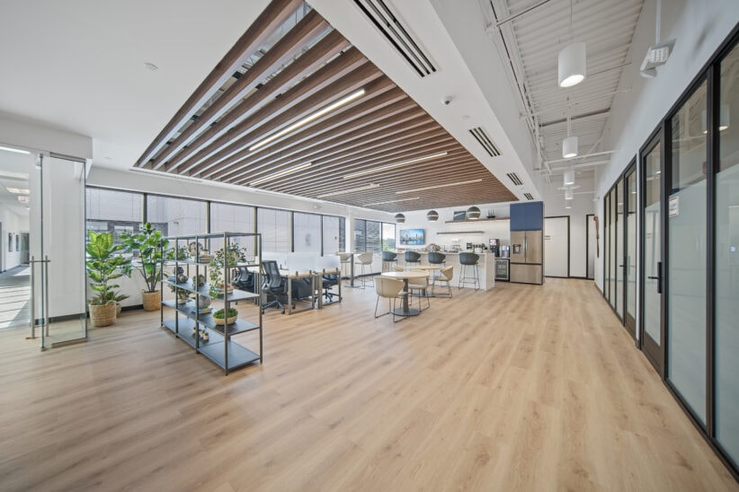 Modern office space with large windows, plants, and open seating areas.