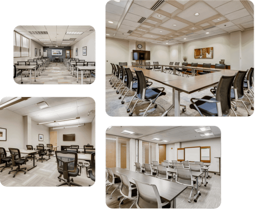 Modern training rooms with conference tables and chairs for professional meetings.