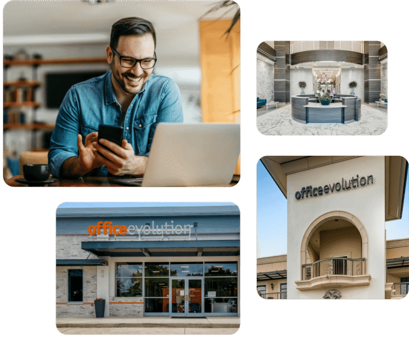 Happy man using smartphone at office reception with Office Evolution signage.
