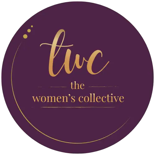 The Women's Collective logo with purple background and gold text.